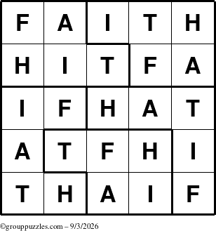 The grouppuzzles.com Answer grid for the Faith puzzle for Thursday September 3, 2026