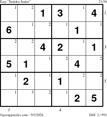 The grouppuzzles.com Easy Sudoku-Junior puzzle for Thursday September 3, 2026, suitable for printing, with all 3 steps marked