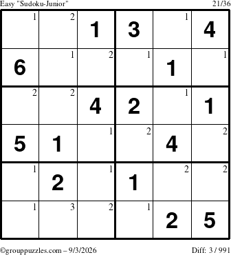The grouppuzzles.com Easy Sudoku-Junior puzzle for Thursday September 3, 2026 with the first 3 steps marked