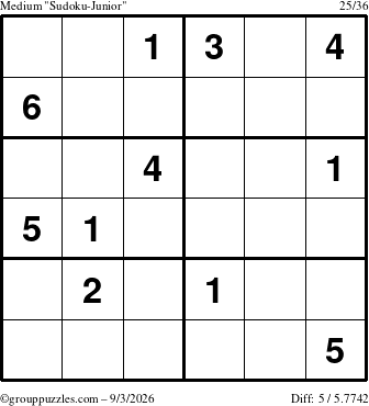 The grouppuzzles.com Medium Sudoku-Junior puzzle for Thursday September 3, 2026