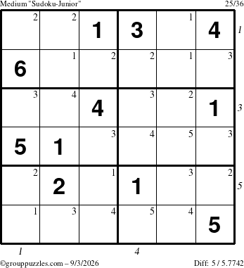 The grouppuzzles.com Medium Sudoku-Junior puzzle for Thursday September 3, 2026 with all 5 steps marked