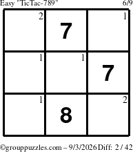 The grouppuzzles.com Easy TicTac-789 puzzle for Thursday September 3, 2026 with the first 2 steps marked