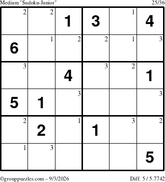 The grouppuzzles.com Medium Sudoku-Junior puzzle for Thursday September 3, 2026 with the first 3 steps marked
