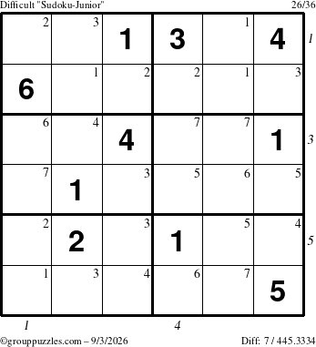 The grouppuzzles.com Difficult Sudoku-Junior puzzle for Thursday September 3, 2026 with all 7 steps marked