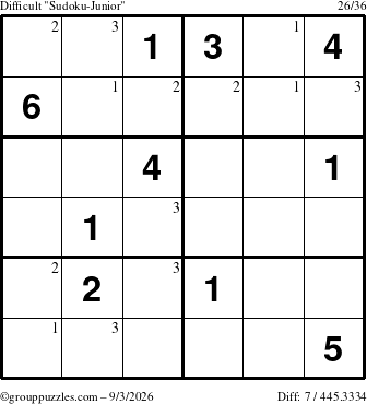 The grouppuzzles.com Difficult Sudoku-Junior puzzle for Thursday September 3, 2026 with the first 3 steps marked