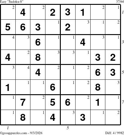 The grouppuzzles.com Easy Sudoku-8 puzzle for Thursday September 3, 2026 with all 4 steps marked