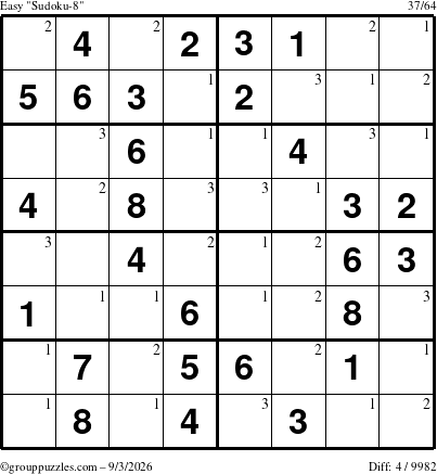 The grouppuzzles.com Easy Sudoku-8 puzzle for Thursday September 3, 2026 with the first 3 steps marked