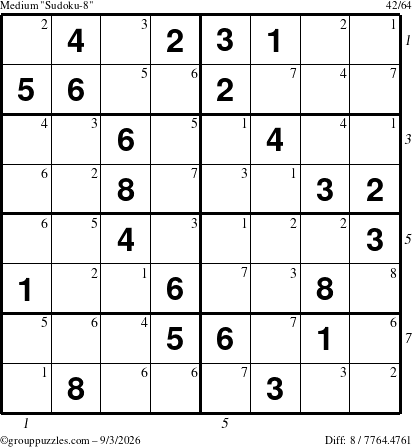 The grouppuzzles.com Medium Sudoku-8 puzzle for Thursday September 3, 2026, suitable for printing, with all 8 steps marked