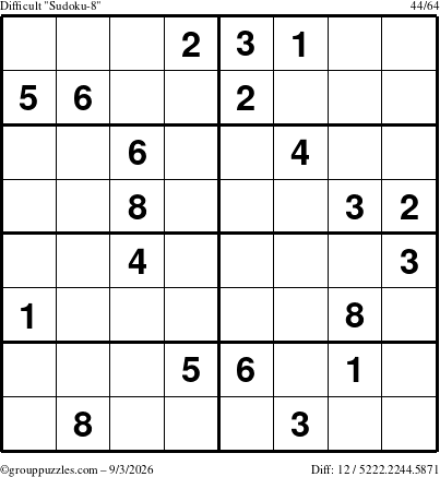 The grouppuzzles.com Difficult Sudoku-8 puzzle for Thursday September 3, 2026