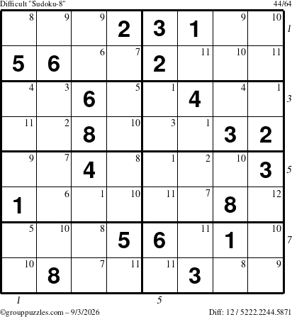 The grouppuzzles.com Difficult Sudoku-8 puzzle for Thursday September 3, 2026 with all 12 steps marked