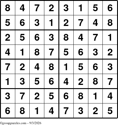 The grouppuzzles.com Answer grid for the Sudoku-8 puzzle for Thursday September 3, 2026