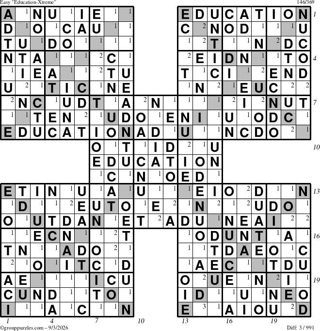 The grouppuzzles.com Easy Education-Xtreme puzzle for Thursday September 3, 2026 with all 3 steps marked