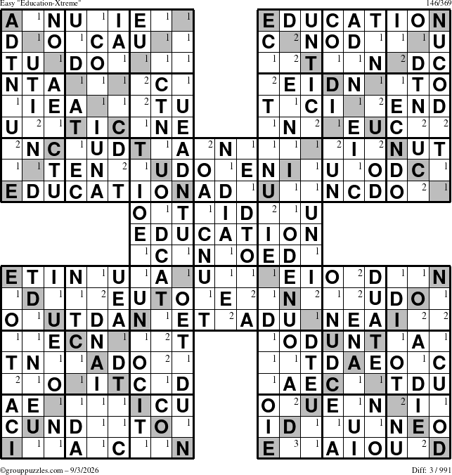 The grouppuzzles.com Easy Education-Xtreme puzzle for Thursday September 3, 2026 with the first 3 steps marked