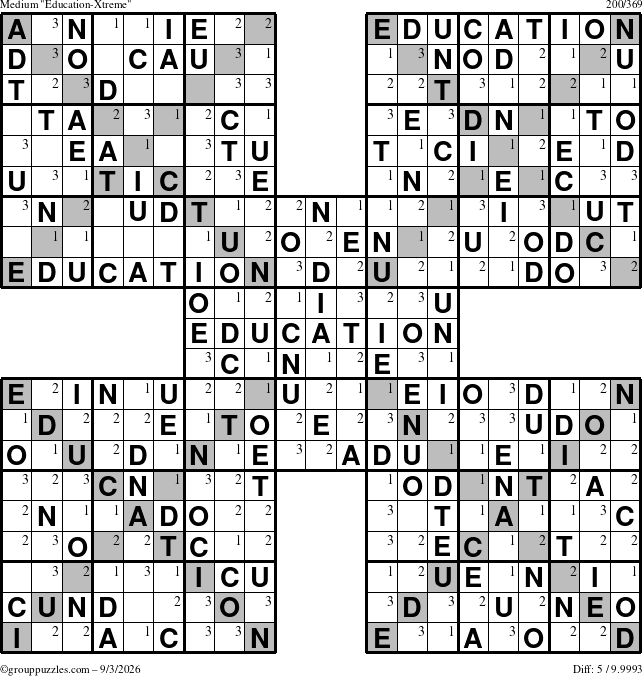 The grouppuzzles.com Medium Education-Xtreme puzzle for Thursday September 3, 2026 with the first 3 steps marked