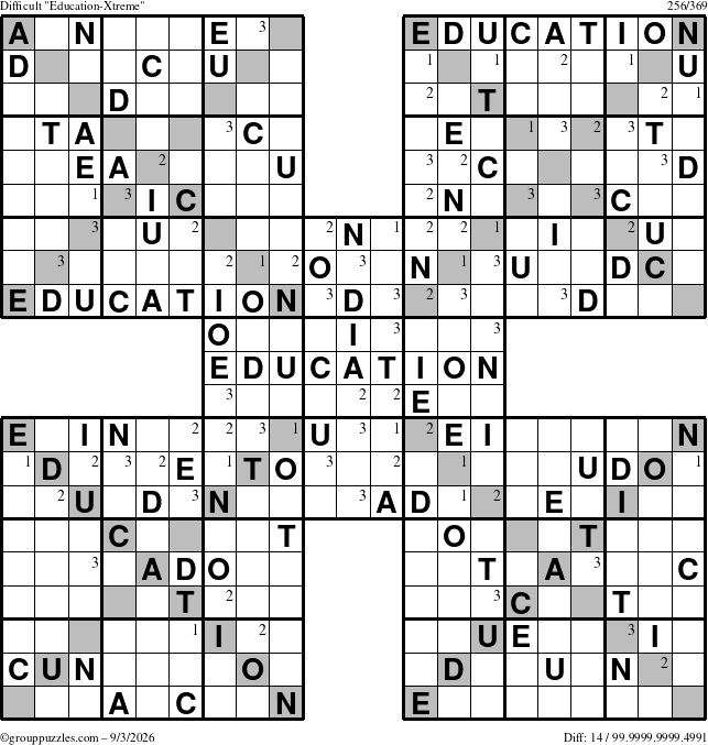 The grouppuzzles.com Difficult Education-Xtreme puzzle for Thursday September 3, 2026 with the first 3 steps marked