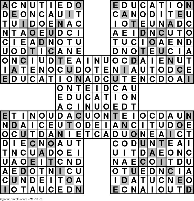 The grouppuzzles.com Answer grid for the Education-Xtreme puzzle for Thursday September 3, 2026