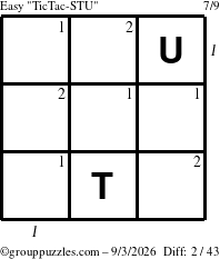 The grouppuzzles.com Easy TicTac-STU puzzle for Thursday September 3, 2026, suitable for printing, with all 2 steps marked