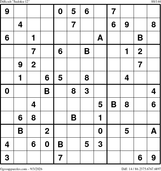 The grouppuzzles.com Difficult Sudoku-12 puzzle for Thursday September 3, 2026
