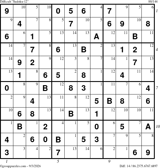 The grouppuzzles.com Difficult Sudoku-12 puzzle for Thursday September 3, 2026 with all 14 steps marked