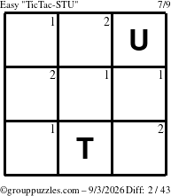 The grouppuzzles.com Easy TicTac-STU puzzle for Thursday September 3, 2026 with the first 2 steps marked