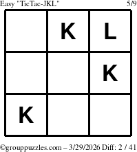 The grouppuzzles.com Easy TicTac-JKL puzzle for Sunday March 29, 2026