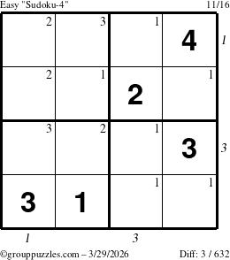 The grouppuzzles.com Easy Sudoku-4 puzzle for Sunday March 29, 2026, suitable for printing, with all 3 steps marked