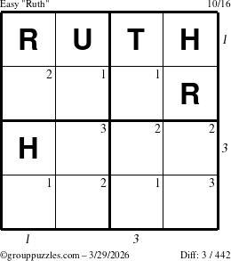 The grouppuzzles.com Easy Ruth puzzle for Sunday March 29, 2026, suitable for printing, with all 3 steps marked