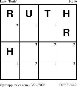 The grouppuzzles.com Easy Ruth puzzle for Sunday March 29, 2026 with the first 3 steps marked
