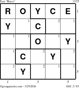 The grouppuzzles.com Easy Royce puzzle for Sunday March 29, 2026, suitable for printing, with all 2 steps marked