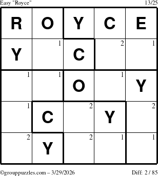 The grouppuzzles.com Easy Royce puzzle for Sunday March 29, 2026 with the first 2 steps marked