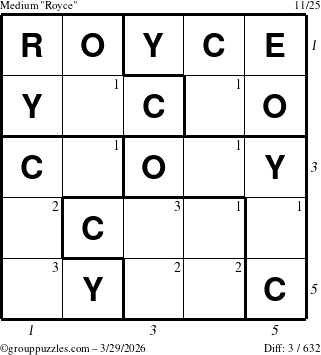 The grouppuzzles.com Medium Royce puzzle for Sunday March 29, 2026 with all 3 steps marked