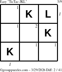 The grouppuzzles.com Easy TicTac-JKL puzzle for Sunday March 29, 2026, suitable for printing, with all 2 steps marked