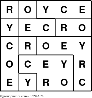 The grouppuzzles.com Answer grid for the Royce puzzle for Sunday March 29, 2026