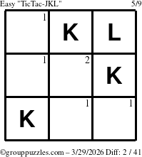 The grouppuzzles.com Easy TicTac-JKL puzzle for Sunday March 29, 2026 with the first 2 steps marked