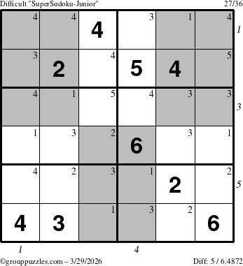 The grouppuzzles.com Difficult SuperSudoku-Junior puzzle for Sunday March 29, 2026, suitable for printing, with all 5 steps marked