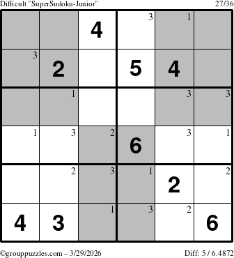 The grouppuzzles.com Difficult SuperSudoku-Junior puzzle for Sunday March 29, 2026 with the first 3 steps marked