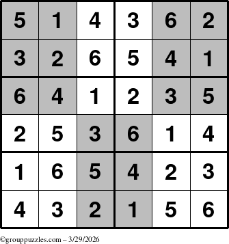 The grouppuzzles.com Answer grid for the SuperSudoku-Junior puzzle for Sunday March 29, 2026