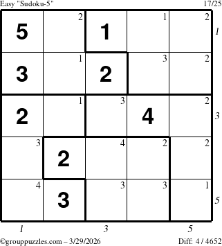 The grouppuzzles.com Easy Sudoku-5 puzzle for Sunday March 29, 2026 with all 4 steps marked