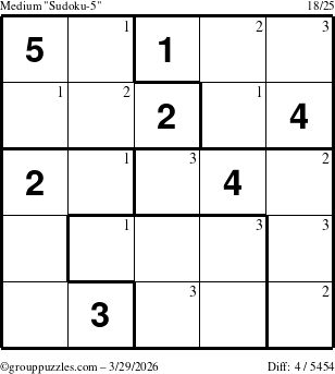 The grouppuzzles.com Medium Sudoku-5 puzzle for Sunday March 29, 2026 with the first 3 steps marked