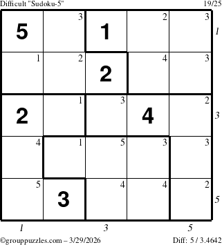 The grouppuzzles.com Difficult Sudoku-5 puzzle for Sunday March 29, 2026 with all 5 steps marked