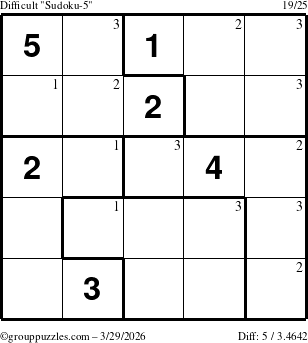 The grouppuzzles.com Difficult Sudoku-5 puzzle for Sunday March 29, 2026 with the first 3 steps marked