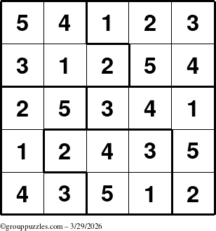 The grouppuzzles.com Answer grid for the Sudoku-5 puzzle for Sunday March 29, 2026