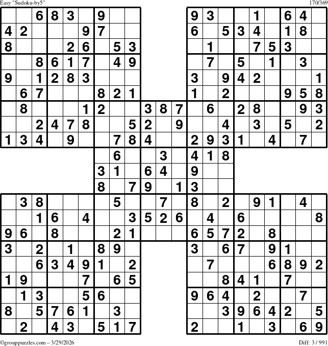 The grouppuzzles.com Easy Sudoku-by5 puzzle for Sunday March 29, 2026