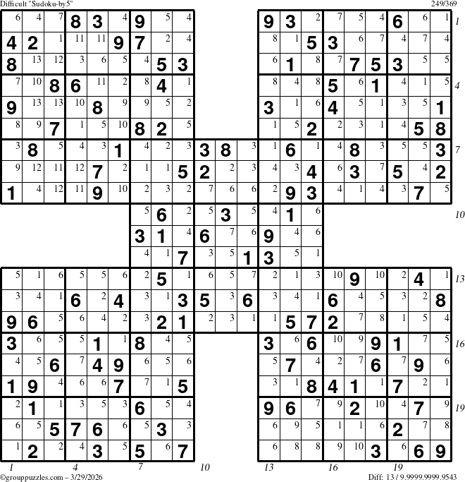 The grouppuzzles.com Difficult Sudoku-by5 puzzle for Sunday March 29, 2026 with all 13 steps marked