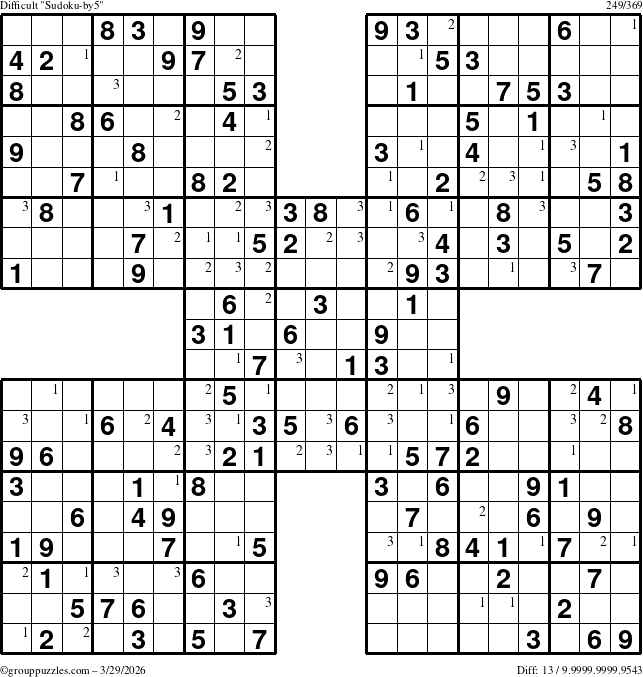 The grouppuzzles.com Difficult Sudoku-by5 puzzle for Sunday March 29, 2026 with the first 3 steps marked