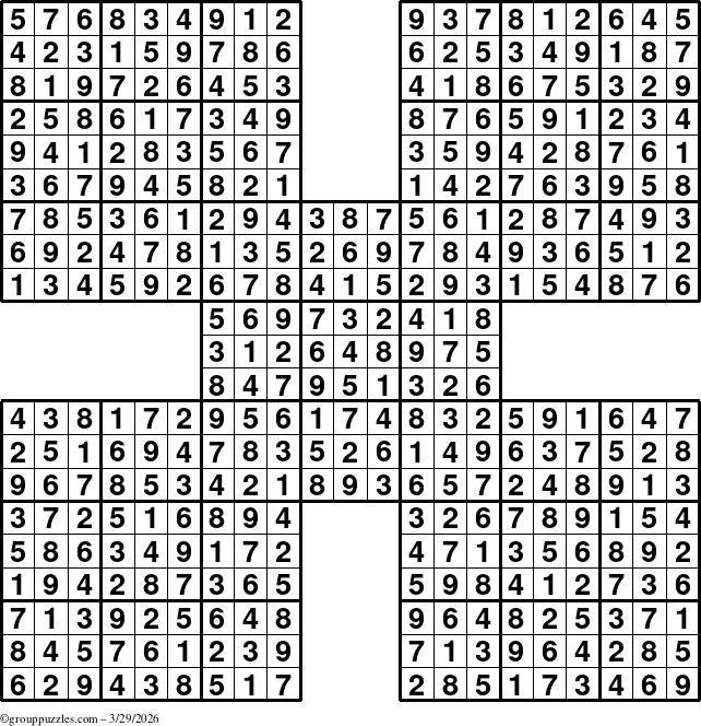 The grouppuzzles.com Answer grid for the Sudoku-by5 puzzle for Sunday March 29, 2026