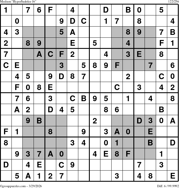 The grouppuzzles.com Medium HyperSudoku-16 puzzle for Sunday March 29, 2026
