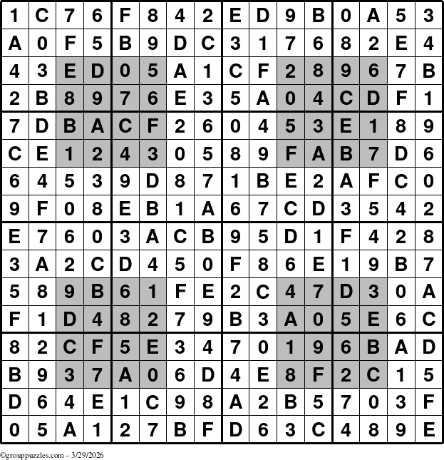 The grouppuzzles.com Answer grid for the HyperSudoku-16 puzzle for Sunday March 29, 2026
