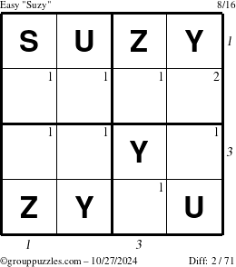 The grouppuzzles.com Easy Suzy puzzle for Sunday October 27, 2024 with all 2 steps marked