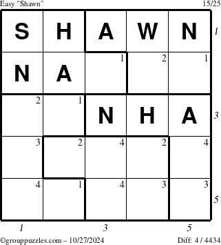 The grouppuzzles.com Easy Shawn puzzle for Sunday October 27, 2024 with all 4 steps marked